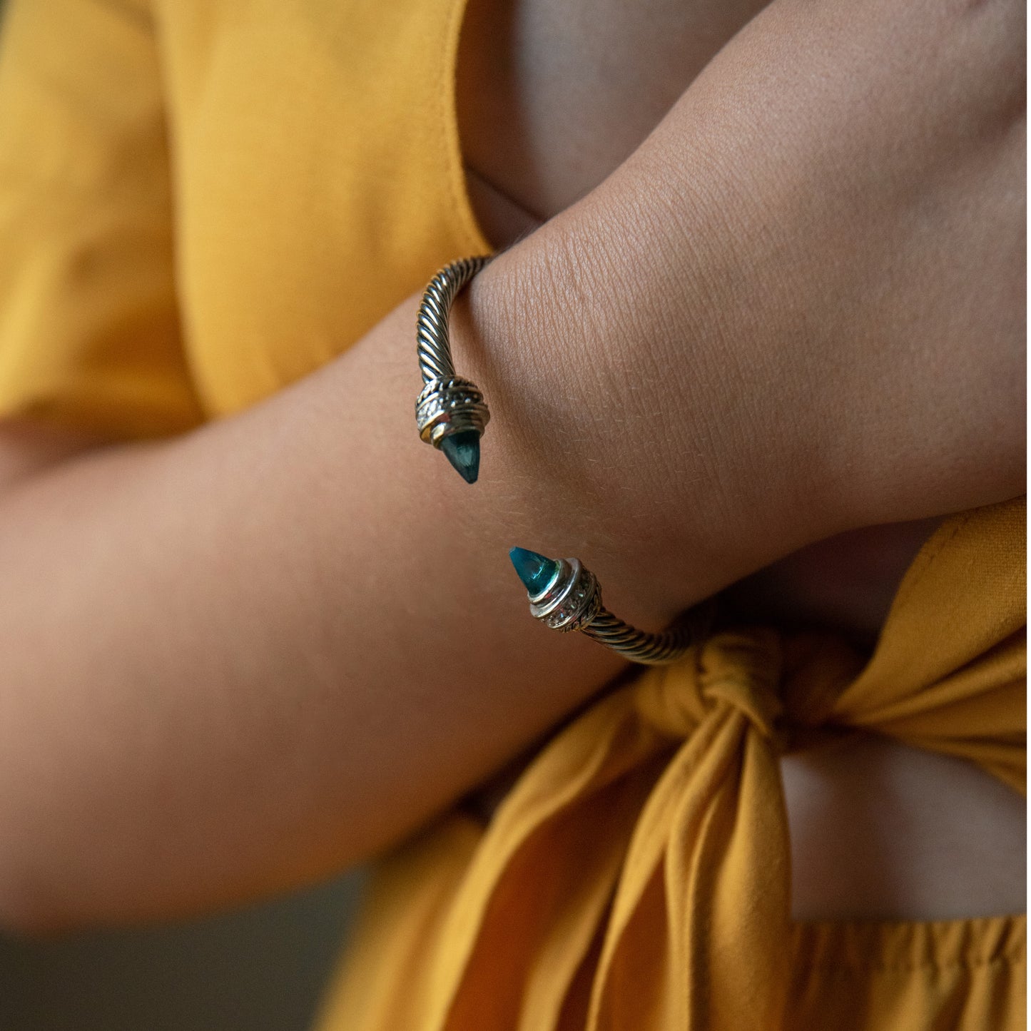 Twisted Cable Cuff Bracelet with Blue Crystal and CZ Ends Silver Tone
