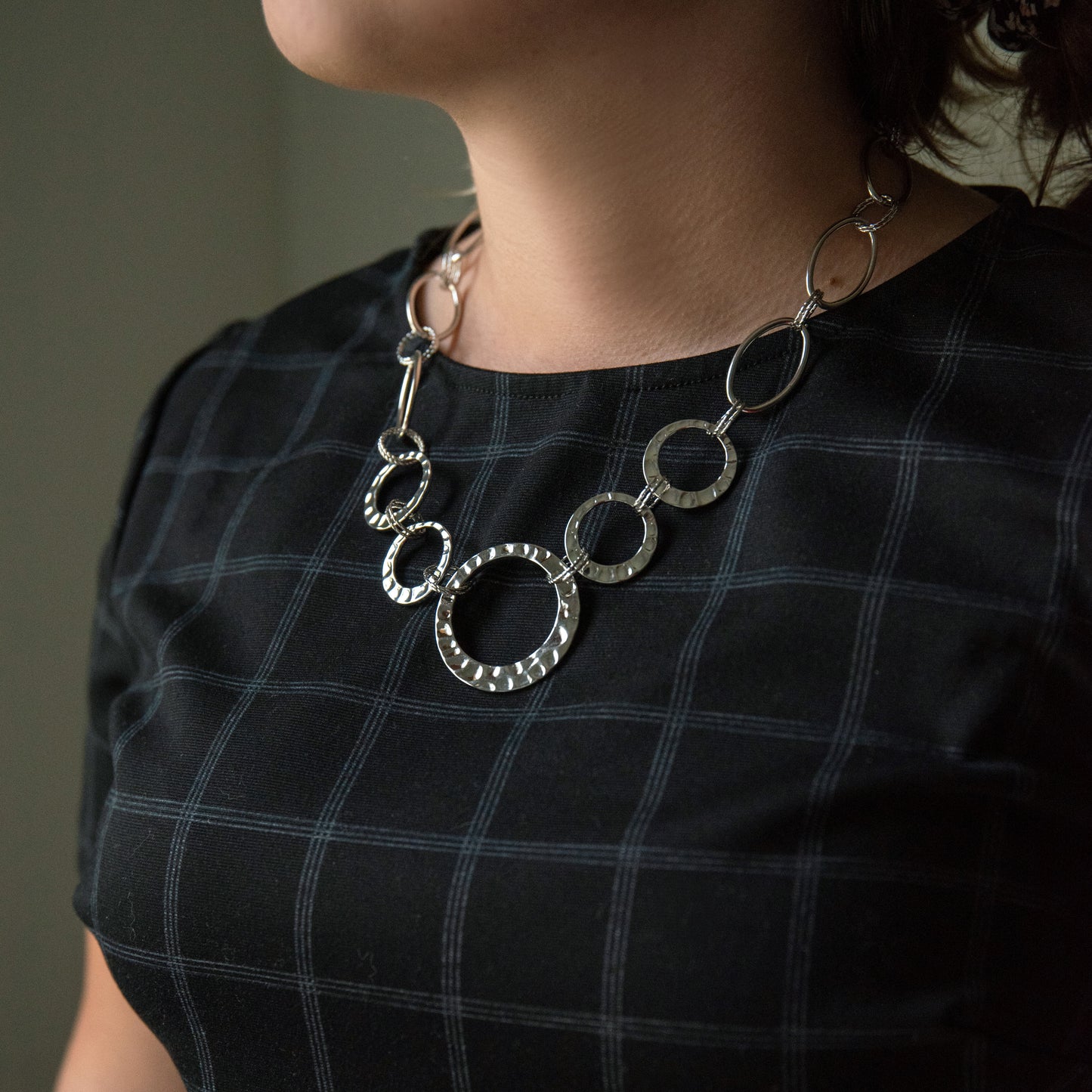 Adjustable Silver Tone Chain Link Statement Necklace with Textured Circles and 3-Inch Extender