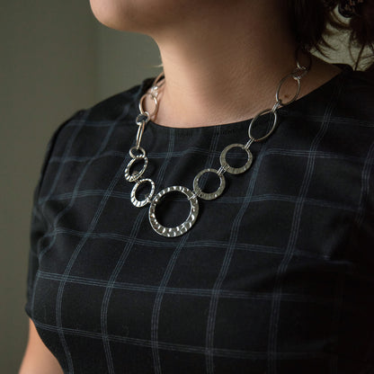 Adjustable Silver Tone Chain Link Statement Necklace with Textured Circles and 3-Inch Extender