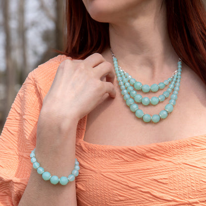 Elegant 3-Strand Mint Green Faceted Glass Bead Necklace and Bracelet Set with Silver Tone Chain