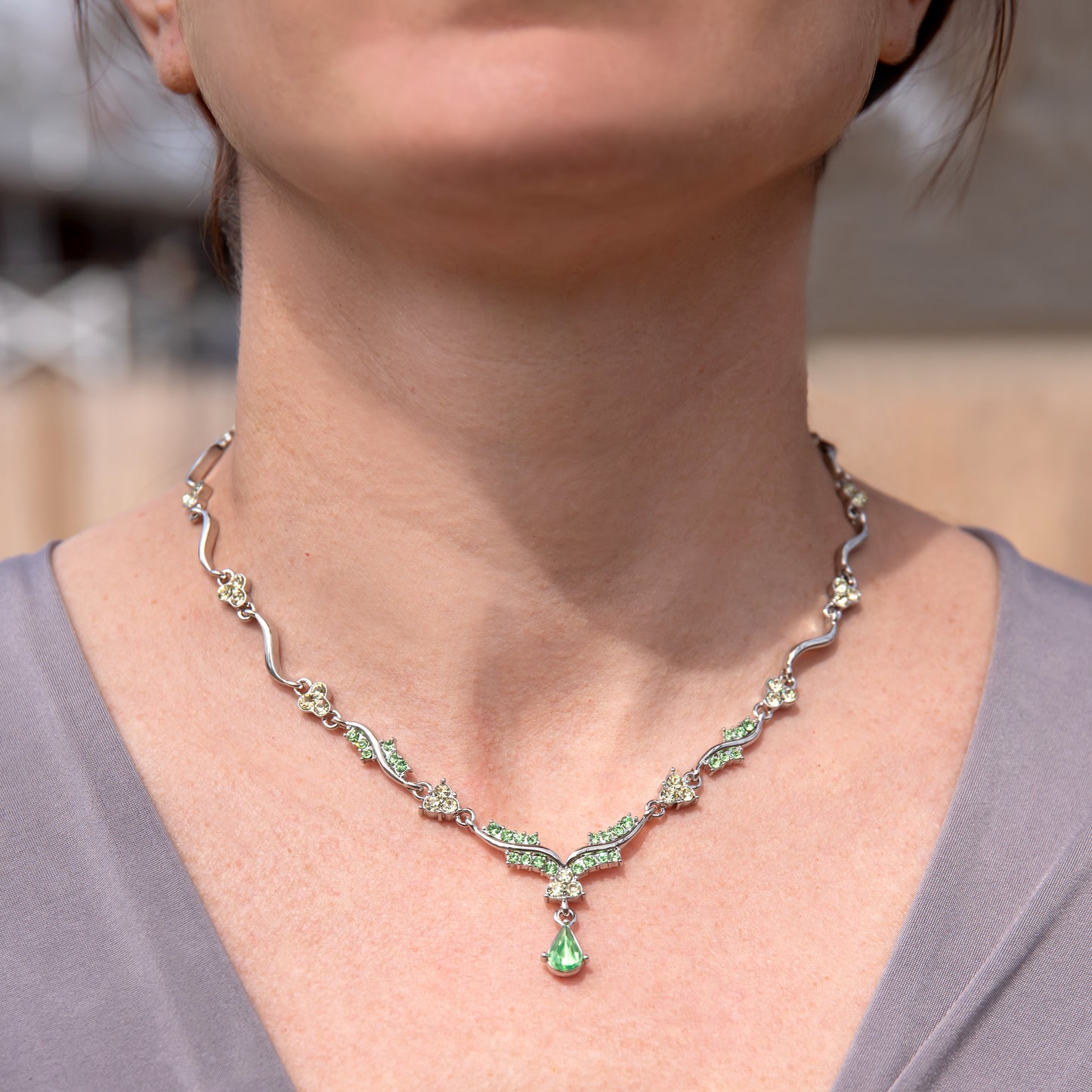 Elegant Crystal Wave Necklace with Green and Yellow Austrian Crystals and Teardrop Pendant, 16 Inch