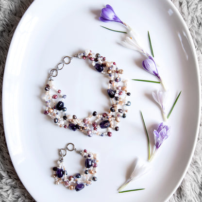 Elegant Multi-Strand Freshwater Pearl and Genuine Amethyst Toggle Bracelet with Mixed Pearls