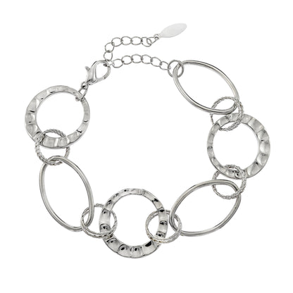 Silver Tone Circle Link Chain Bracelet with Textured and Smooth Rings