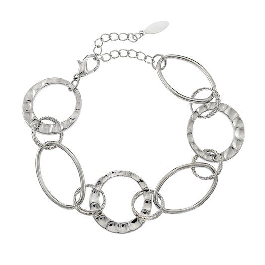 Silver Tone Circle Link Chain Bracelet with Textured and Smooth Rings