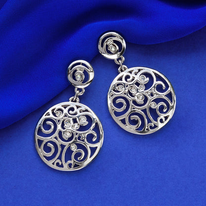 Elegant Silver Tone Austrian Crystal Filigree Drop Dangle Earrings with Scroll Design