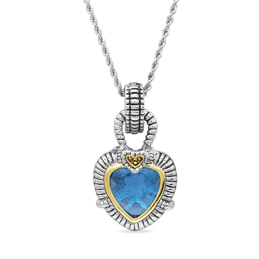 Designer Inspired Vintage Heart Pendant with Aquamarine Blue Glass Stone and Magnetic Enhancer Bail