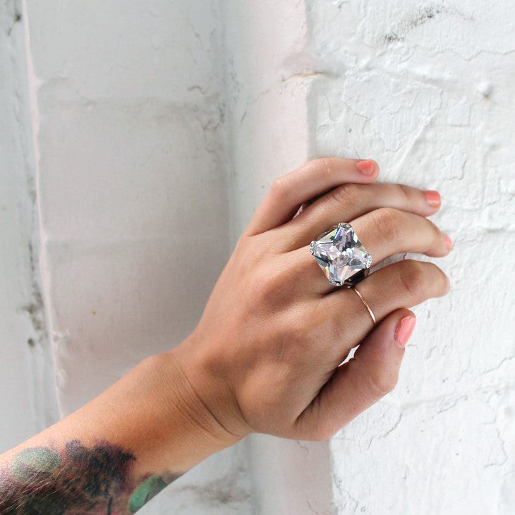 Large Square Cut Crystal Statement Ring