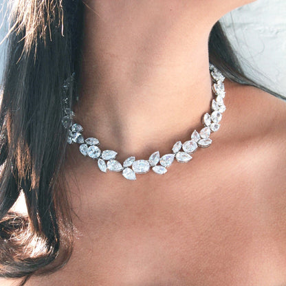Elegant Cubic Zirconia Bridal Necklace with Teardrop, Oval and Marquise Cut Stones - Silver Tone Wedding Jewelry