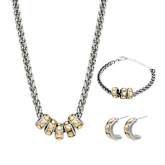 Women's Necklace, Bracelet, and Earrings Set Rhodium Plated Accented with Gold Round Removable Disks