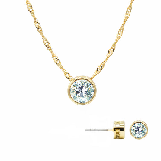 5 Carat Total Weight Round Cubic Zirconia Bezel Set Necklace and Stud Earrings Jewelry Set in Yellow Gold Tone