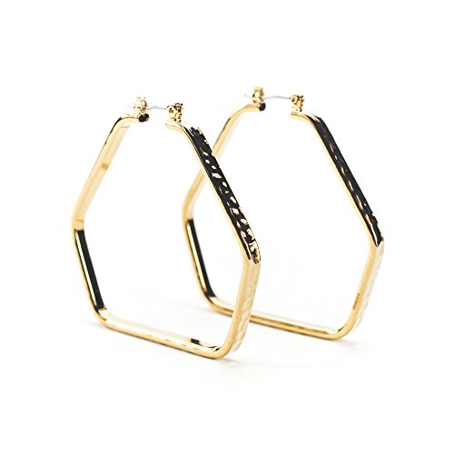 Modern Geometric Hammered Gold Tone Hoop Earrings - Large 2 Inch Statement Hoops with Latch Back