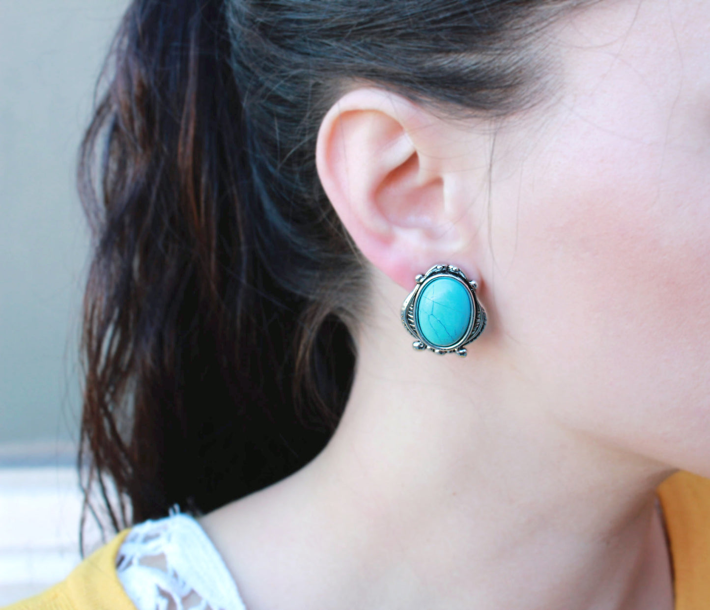 Vintage Style Faux Turquoise Oval Clip-On Earrings with Antique Silver Tone Setting