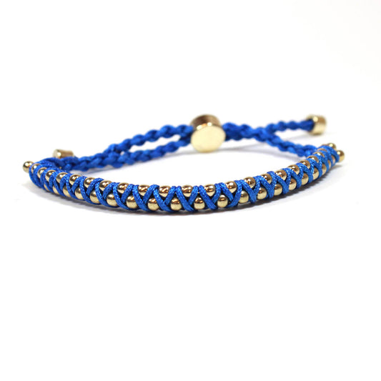 Adjustable Blue and Gold Beaded Friendship Bracelet - Woven Cord Bracelet with Gold Tone Beads