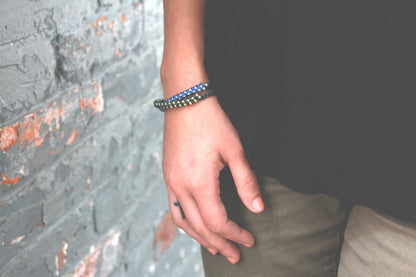 Adjustable Blue and Gold Beaded Friendship Bracelet - Woven Cord Bracelet with Gold Tone Beads