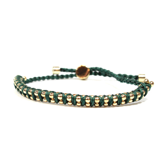 Green and Gold Beaded Friendship Bracelet with Adjustable Pull Cord