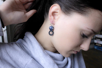 Genuine Sodalite Teardrop Dangle Earrings with Antique Silver Circle Design, 1.5 Inch Blue Stone Earrings