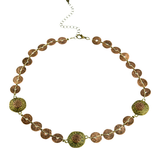 Handcrafted Two Tone Brass Disk Statement Necklace with Gold Silk Thread, Textured Bronze Disks, 16 Inch Chain with 3 Inch Extender