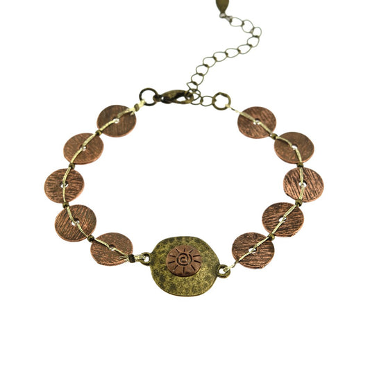 Textured Bronze Disk Chain Bracelet with Gold Thread and Extender Chain