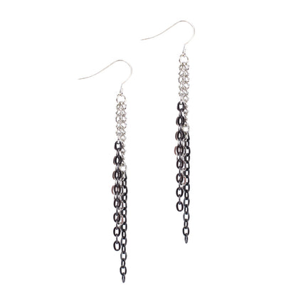 Cascading Multi-Strand Black and Silver Tone Chain Necklace and Dangle Earring Set