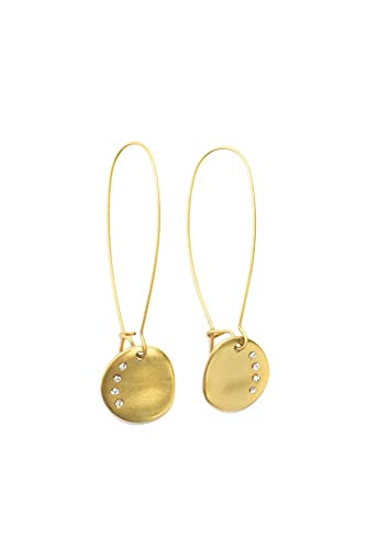 Long Gold Tone Disk Drop Earrings with Austrian Crystal Accents, Lightweight Chandelier Style