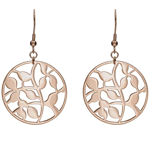 Rose Gold Floral Vine Circle Drop Earrings Stainless Steel Lightweight Statement Dangle Earrings
