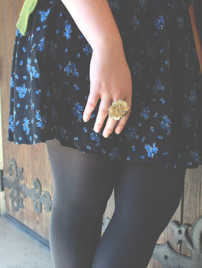 Two Tone Daisy Flower Crystal Stretch Ring with Austrian Crystals - Silver and Gold Fashion Statement Ring