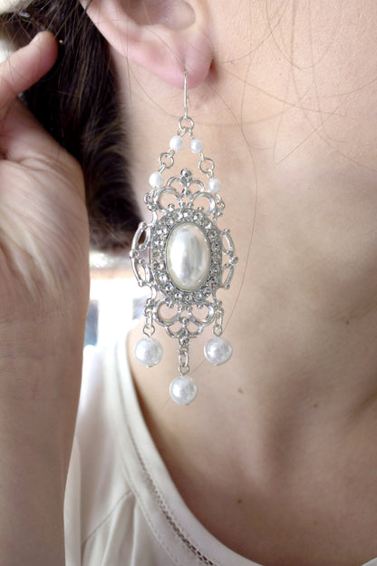 Vintage Style Pearl and Crystal Chandelier Drop Earrings - Wedding Bridal Statement Earrings