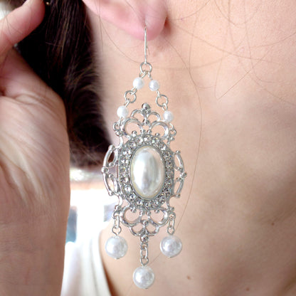 Vintage Style Pearl and Crystal Chandelier Drop Earrings - Wedding Bridal Statement Earrings