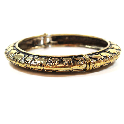 Antique Gold Tone Lucky Elephant Hinged Bangle Bracelet - Good Luck Charm Animal Jewelry