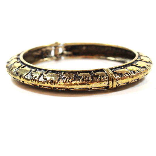 Antique Gold Tone Lucky Elephant Hinged Bangle Bracelet - Good Luck Charm Animal Jewelry