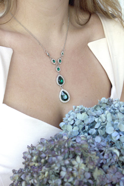 Elegant Emerald Green Crystal Y-Drop Necklace with Clear Austrian Crystal Accents, 16 Inch Chain with 3 Inch Extender