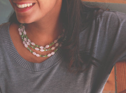 Triple Strand Rose Quartz and Peridot Glass Beaded Statement Necklace with Antiqued Metal Spacers