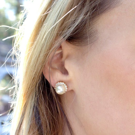 Elegant Pearl Stud Earrings with Crystal Halo Gold Tone Wedding Formal Jewelry