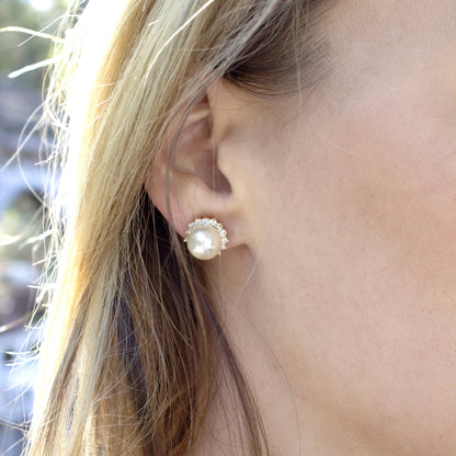 Elegant Pearl Stud Earrings with Crystal Halo Gold Tone Wedding Formal Jewelry