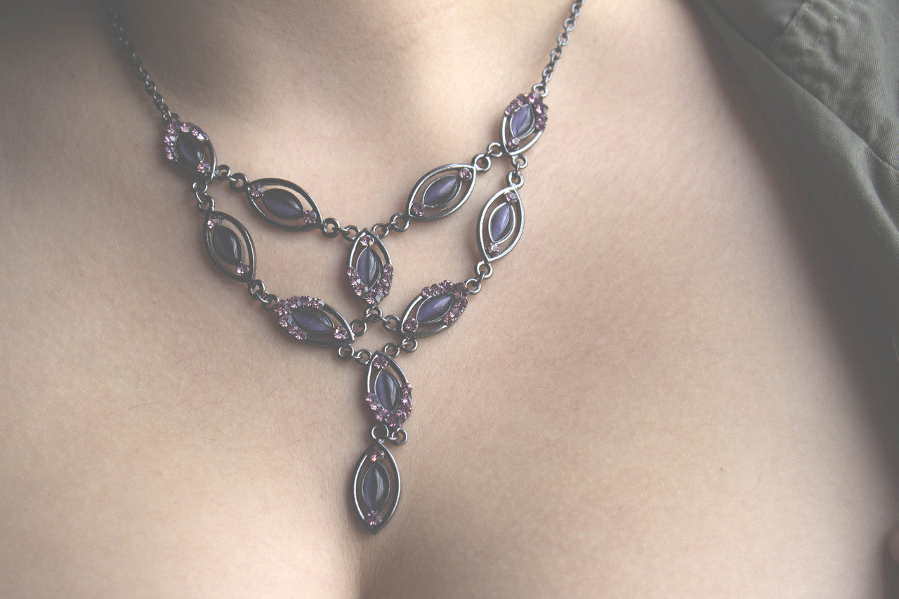 Elegant Purple Cat's Eye and Austrian Crystal Y-Drop Statement Necklace in Gunmetal