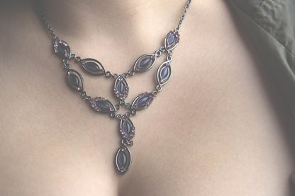 Elegant Purple Cat's Eye and Austrian Crystal Y-Drop Statement Necklace in Gunmetal