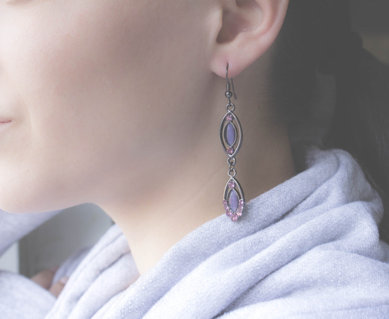 Vintage Style Double Drop Earrings with Purple Cat's Eye and Pink Crystal Accents in Gun Metal Tone