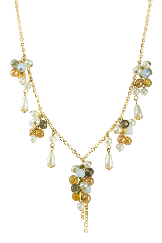 Modern Pearl Cluster Necklace with Mixed Beads and Gold Tone Chain