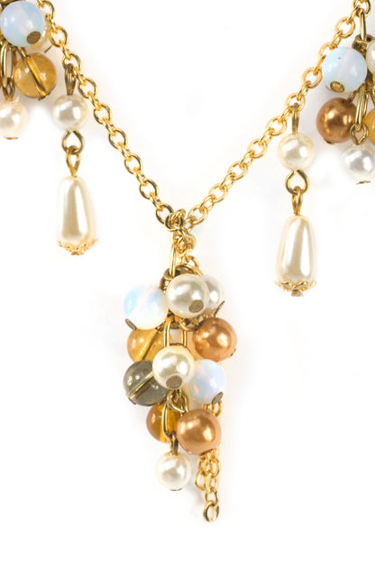 Modern Pearl Cluster Necklace with Mixed Beads and Gold Tone Chain