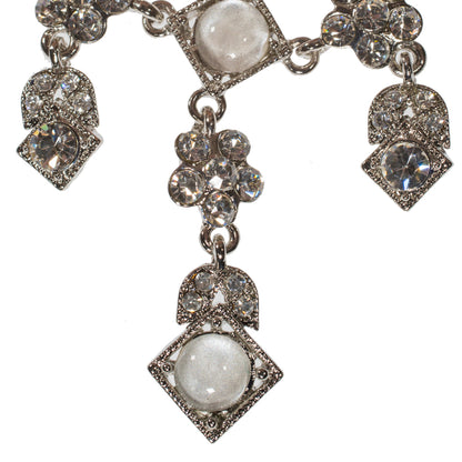 Vintage Style Crystal and Moonstone Statement Necklace - Elegant Wedding Special Occasion Bib Necklace with Rhodium Finish