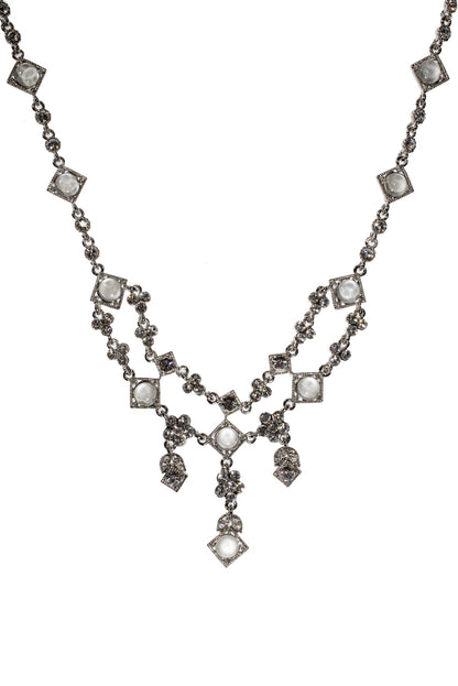 Vintage Style Crystal and Moonstone Statement Necklace - Elegant Wedding Special Occasion Bib Necklace with Rhodium Finish