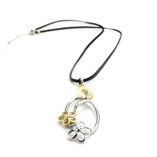 Two Tone Silver and Gold Tone Flower Pendant Necklace with Black Suede Cord, 24 Inch Adjustable Length
