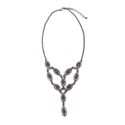 Elegant Purple Cat's Eye and Austrian Crystal Y-Drop Statement Necklace in Gunmetal