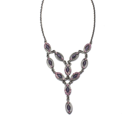 Elegant Purple Cat's Eye and Austrian Crystal Y-Drop Statement Necklace in Gunmetal