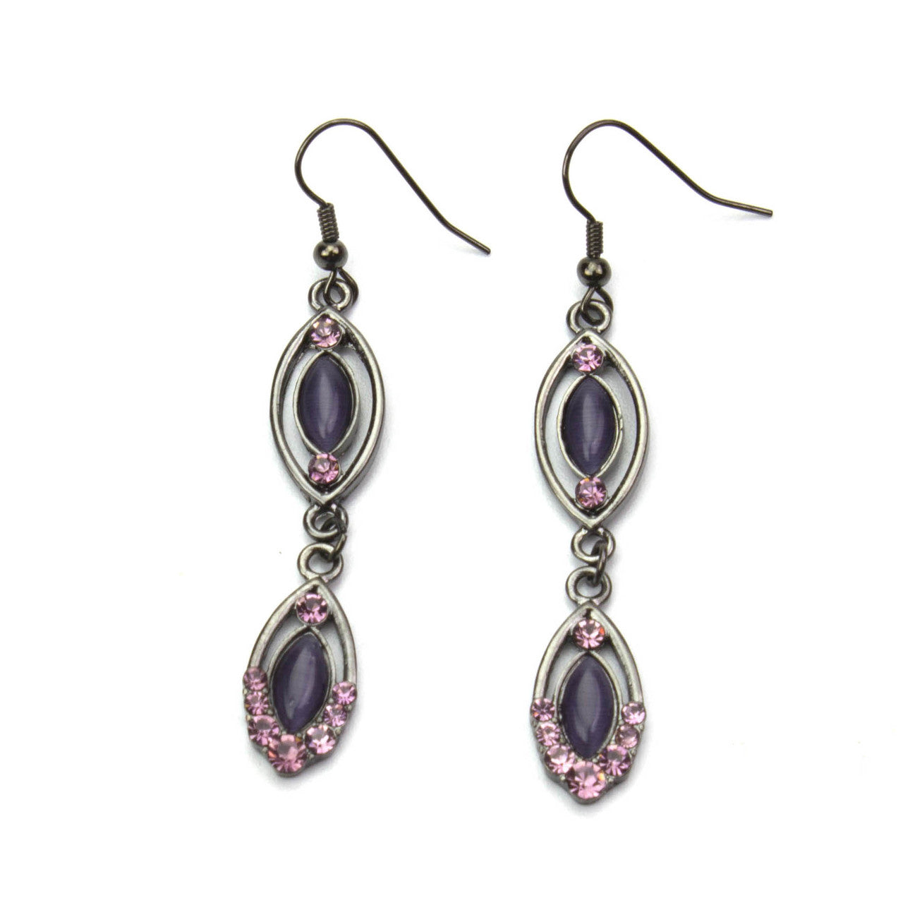 Vintage Style Double Drop Earrings with Purple Cat's Eye and Pink Crystal Accents in Gun Metal Tone