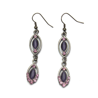 Vintage Style Double Drop Earrings with Purple Cat's Eye and Pink Crystal Accents in Gun Metal Tone