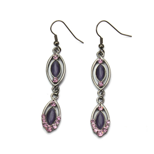 Vintage Style Double Drop Earrings with Purple Cat's Eye and Pink Crystal Accents in Gun Metal Tone