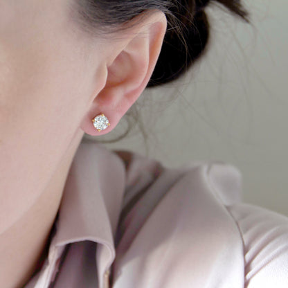 3 Pair Round Cubic Zirconia Stud Earrings Set in Gold Tone, Classic Crystal Clear CZ Post Earrings