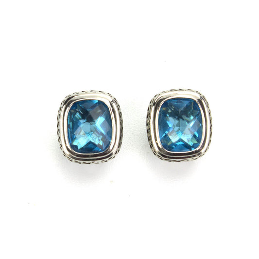 Vintage Style Blue Topaz CZ Cushion Cut Stud Earrings with Antiqued Silver Tone Finish
