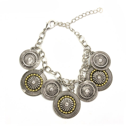 Two-Tone Textured Disc Charm Bracelet with Crystal Accents and Lobster Clasp